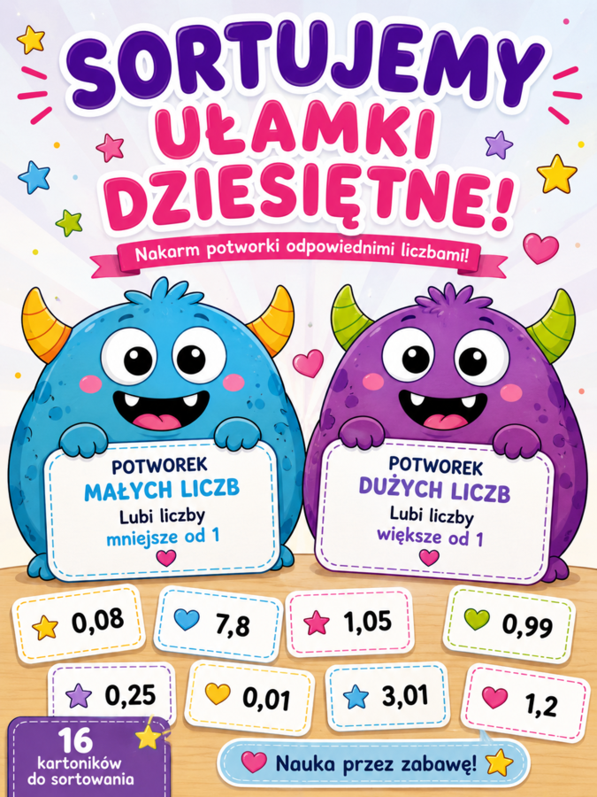 💜 „Przecinkowe potworki – ułamki dziesiętne większe i mniejsze od 1 | wycinanka matematyczna | SPE | klasy 4–5”