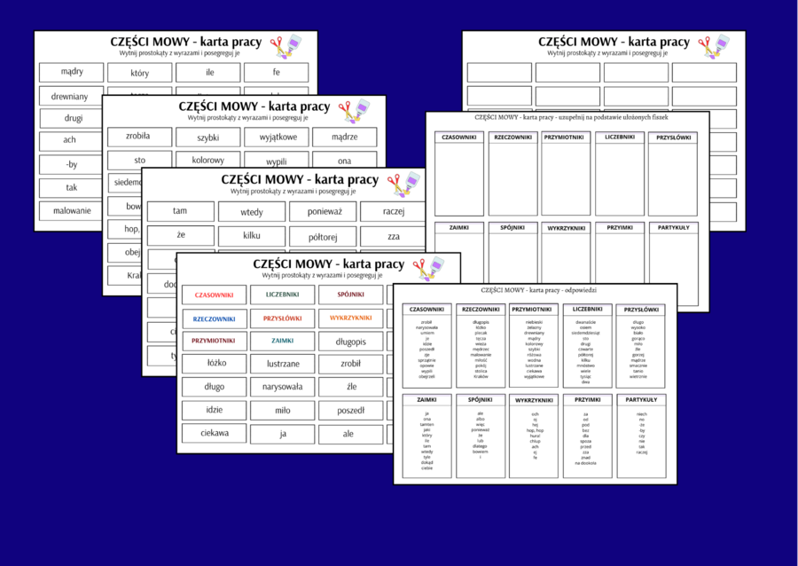 CZĘŚCI MOWY – czasownik – rzeczownik – przymiotnik – przysłówek – liczebnik - zaimek – spójnik – wykrzyknik – przyimek – partykuła - karta pracy - fiszki – egzamin – powtórka + odpowiedzi