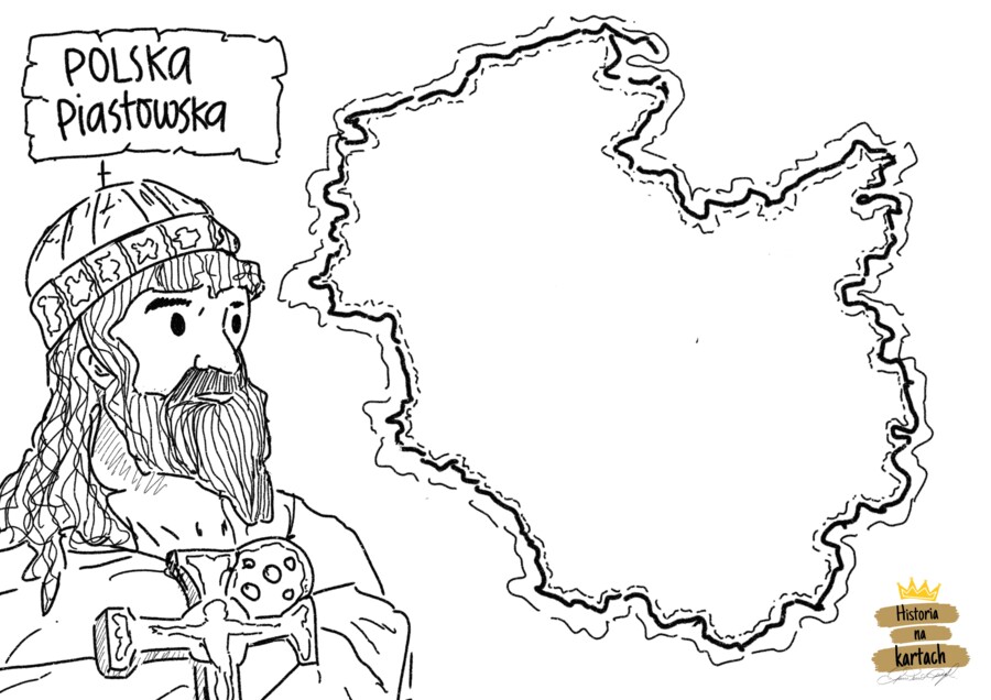 Władcy Polski i ich granice - zestaw 8 arkuszy z wizerunkami władców Polski wraz z ówczesnymi granicami