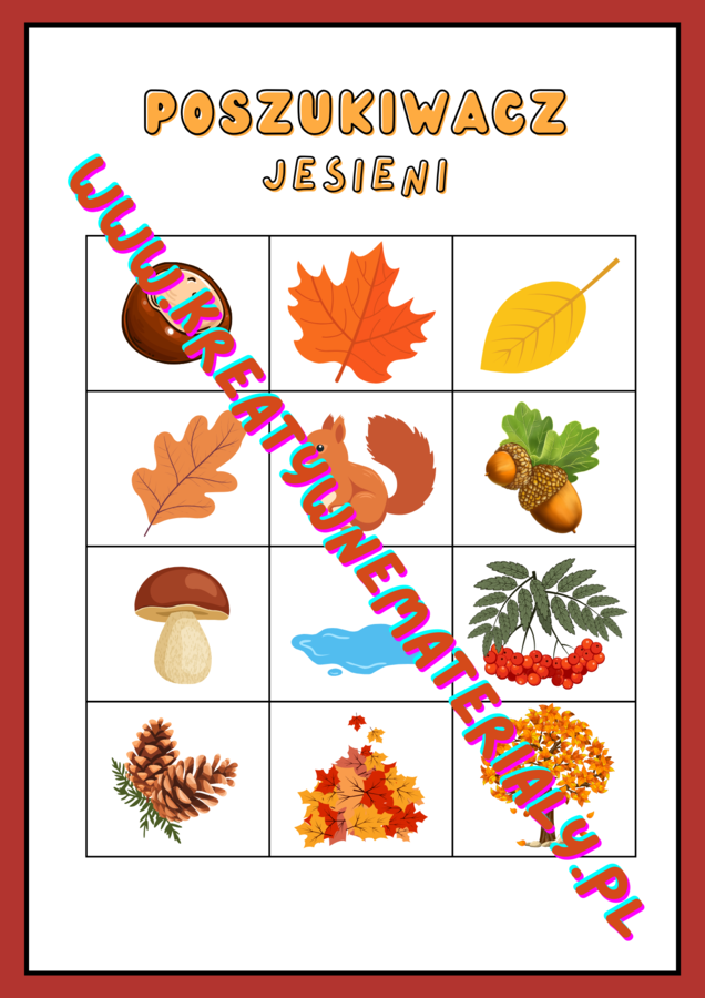 Poszukiwacz Jesieni - karta do skreślania oznak jesieni lub do gry w BINGO / MEMORY