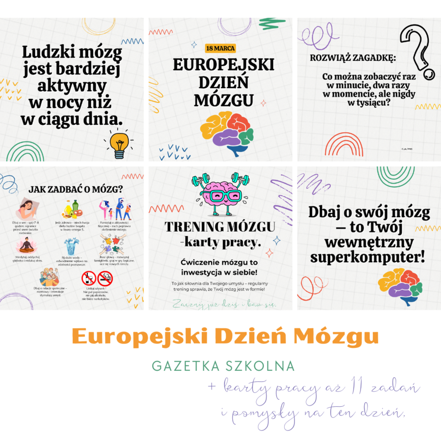 Europejski Dzień Mózgu - gazetka szkolna + karty pracy