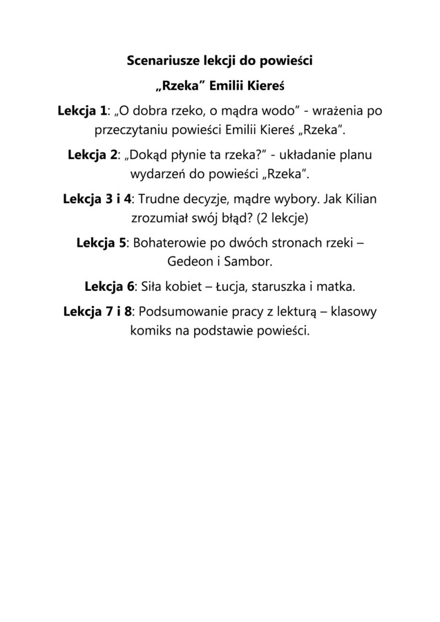 Lektura dodatkowa, klasy 4-6, Rzeka, Emilia Kiereś, motywy literackie, scenariusz lekcji, lapbook, quiz, gramatyka, zaproszenie