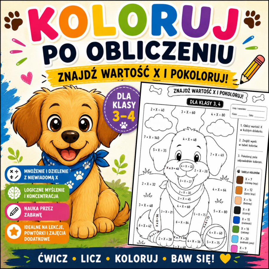🐶 Kolorowanka matematyczna pokoloruj pieska! – mnożenie i dzielenie – z niewiadomą X   | Klasy 3–4|