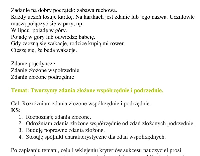 scenariusz lekcji z wykorzystaniem strategii OK, Tworzymy zdania złożone współrzędnie i podrzędnie