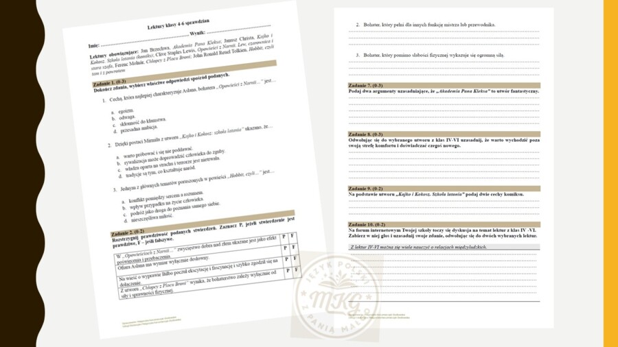 Sprawdzian przekrojowy z lektur z klas IV-VI
