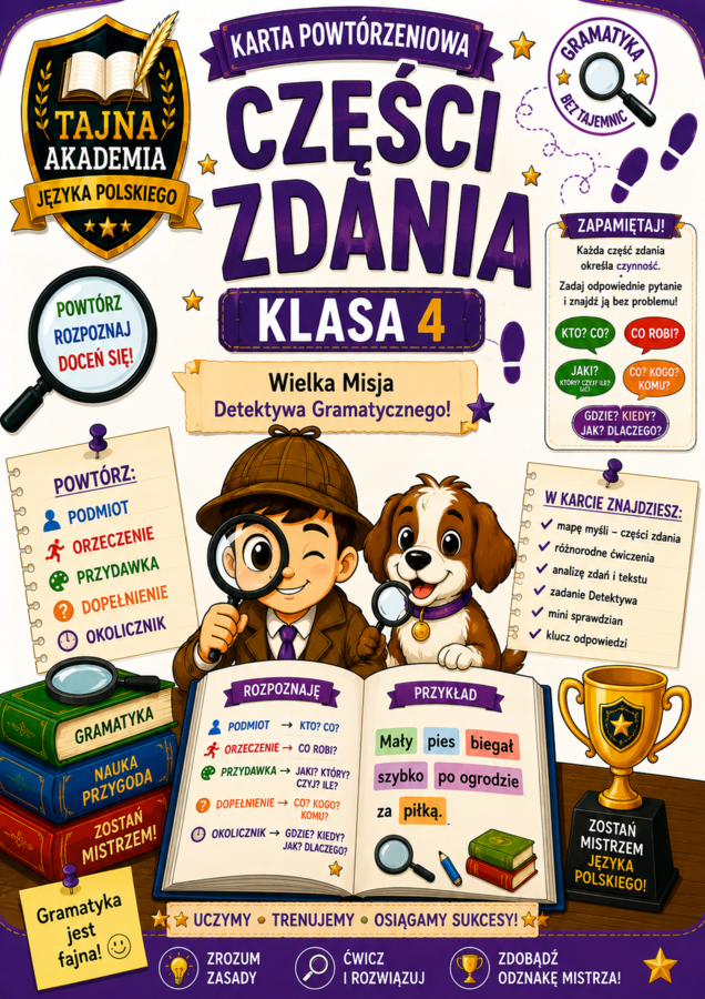 Części zdania – karta powtórzeniowa | Klasa 4 | Tajna Akademia Języka Polskiego | PDF