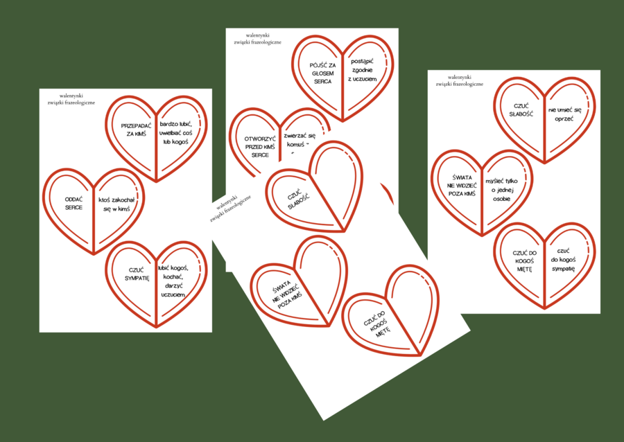 WALENTYNKI – ZWIĄZKI FRAZEOLOGICZNE ze słowem „MIŁOŚĆ”- fiszki – 36 szt. kl. 4-8 – egzamin – powtórzenie- ćwiczenia – frazeologizmy