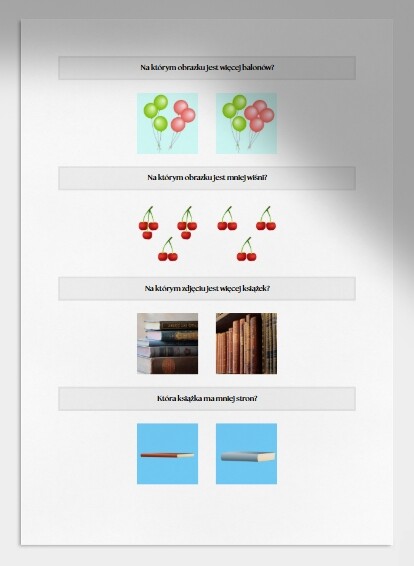 Więcej, mniej, tyle samo. Karta pracy. Sprawdzian