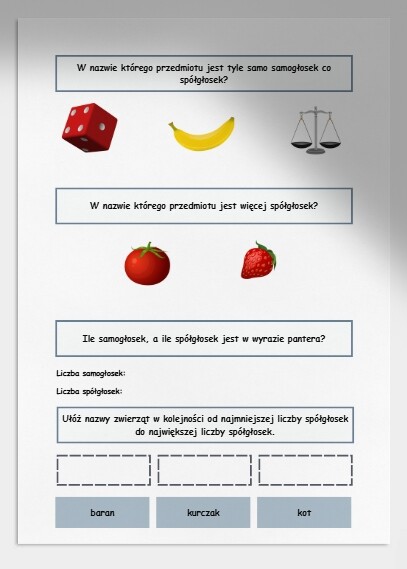 Spółgłoski i samogłoski. Karta pracy. Sprawdzian