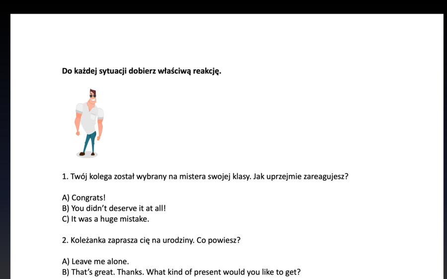 Powtórka przed egzaminem ósmoklasisty za 1 zł !!!- Dobieranie reakcji - 2 strony+ KLUCZ
