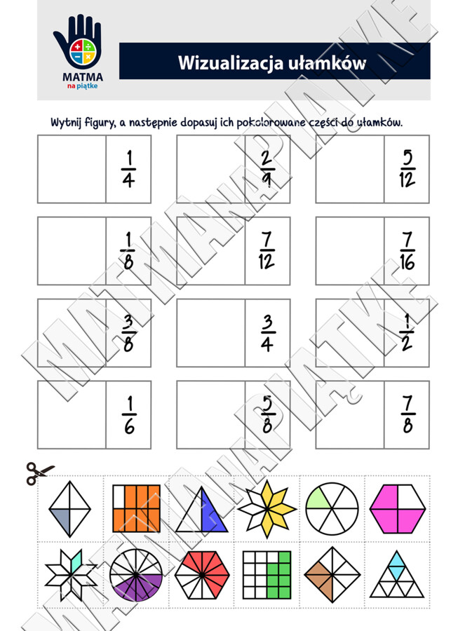 Ułamki zwykłe - Szkoła Podstawowa - Klasa 4 / 5 - Klasa Czwarta / Piąta - Ułamek zwykły jako część całości - Karta pracy o ułamkach zwykłych - Powtórzenie ułamków - Kolorowanka Wycinanka z ułamkami zwykłymi - Wizualizacja ułamka zwykłego - Zabawa z ułamk