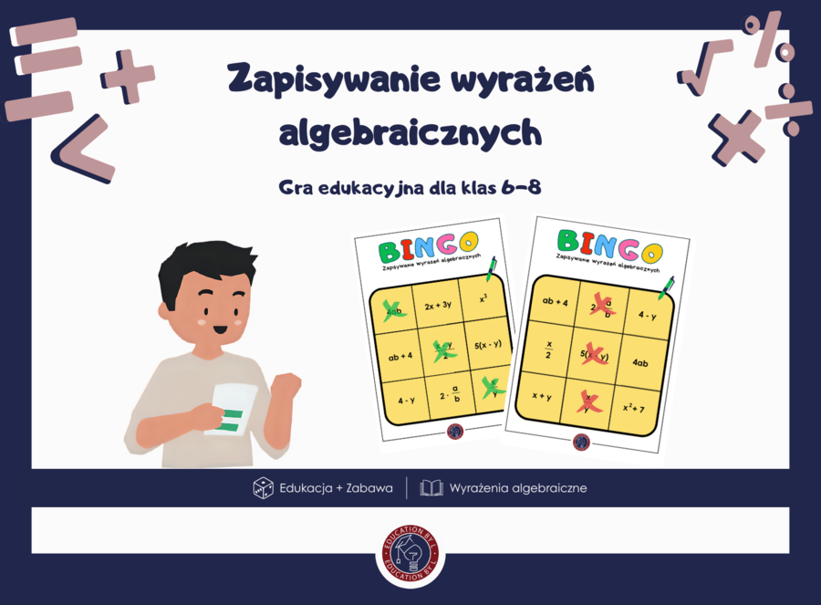 Gra Bingo do nauki wyrażeń algebraicznych | Gotowe karty i generator pytań | Skuteczna powtórka | Zapisywanie wyrażeń algebraicznych