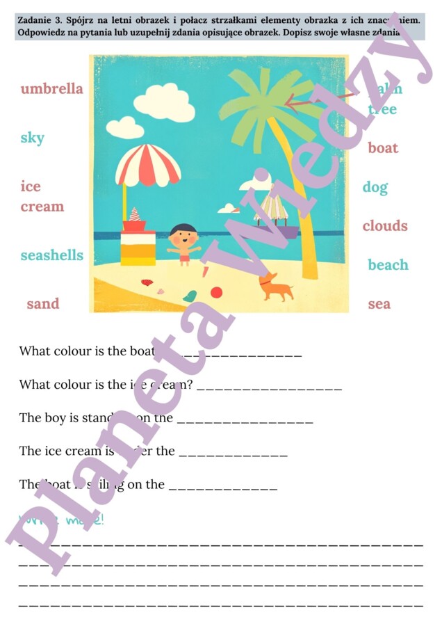 🌞WAKACYJNA KARTA PRACY 🌞 – SUMMER FUN – KLASY 1-3 SZKOŁY PODSTAWOWEJ - POZIOM A1/A1+ - WAKACYJNE SŁÓWKA, WYKREŚLANKA, SPAKUJ WALIZKE!, OPISZ OBRAZEK, CO LUBISZ ROBIĆ LATEM + ODPOWIEDZI