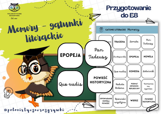 Gatunki literackie. Memory. Gra dydaktyczna. Lektury obowiązkowe. Egzamin ósmoklasisty