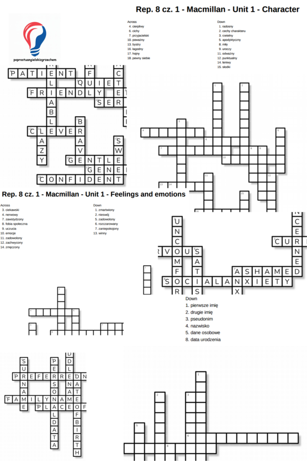 Repetytorium ósmoklasisty cz. 1 – Unit 1 (Macmillan) – krzyżówki