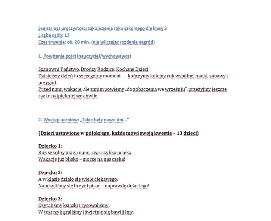 Scenariusz na uroczystość zakończenia roku dla klasy 2/ Zakończenie roku