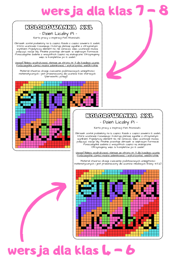PAKIET Dzień Liczby Pi - kolorowanka XXL. Klasy 4-6 oraz 7,8