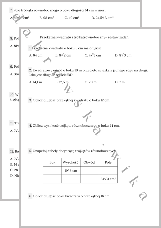 Przekątna kwadratu i trójkąt równoboczny - zestaw zadań