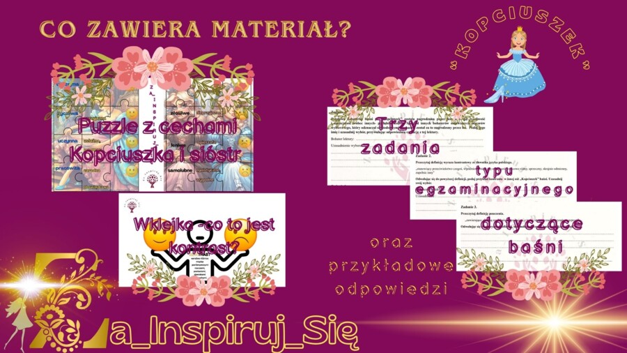 Baśnie: "Kopciuszek", "Bajka o rybaku i rybce", "Królowa pszczół", cechy baśni - karty pracy, scenariusz lekcji, zadania