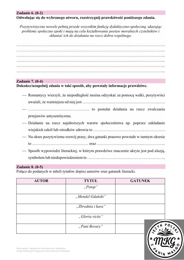 Sprawdzian przekrojowy z pozytywizmu