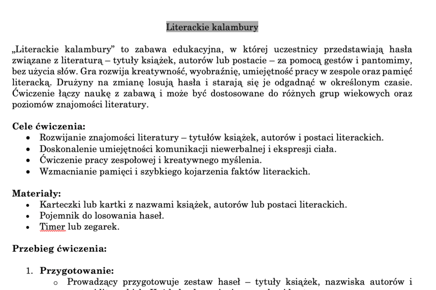 Literackie kalambury - scenariusz ćwiczenia + przykładowe hasła