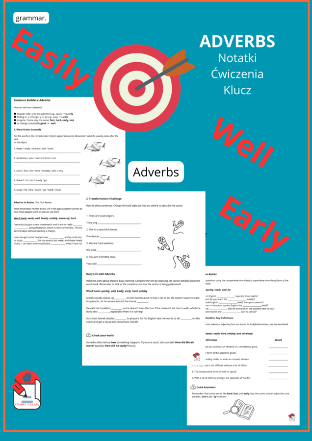 ADVERBS- KLASA 7 notatka, ćwiczenia, klucz
