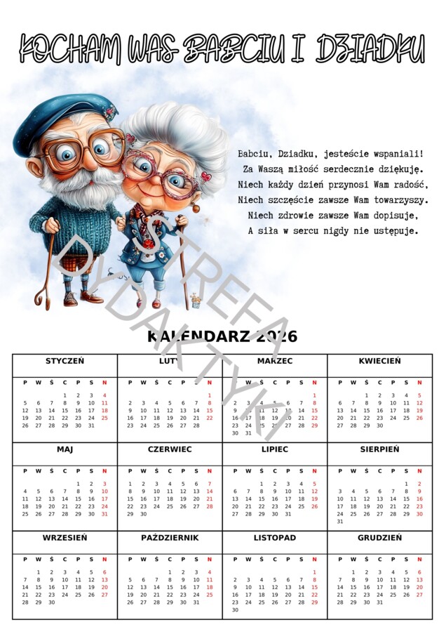 DZIEŃ BABCI I DZIADKA - kalendarz 2026 (33 wzory)