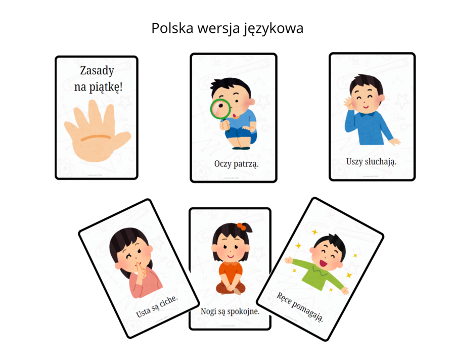 Give me five! Zasady na piątkę - pięć zasad pracy na lekcji, dwie wersje językowe, język angielski, język polski., zarządzanie klasą, classroom menagement