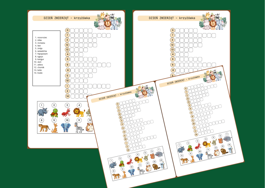 DZIEŃ ZWIERZĄT - KRZYŻÓWKA obrazkowa – ćwiczenia redakcyjne – ortografia - biblioteka
