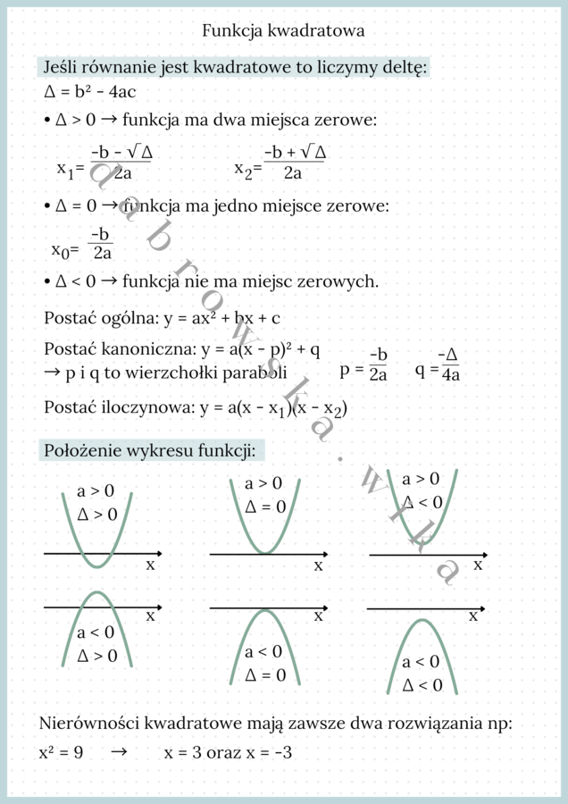 Funkcja kwadratowa - notatka