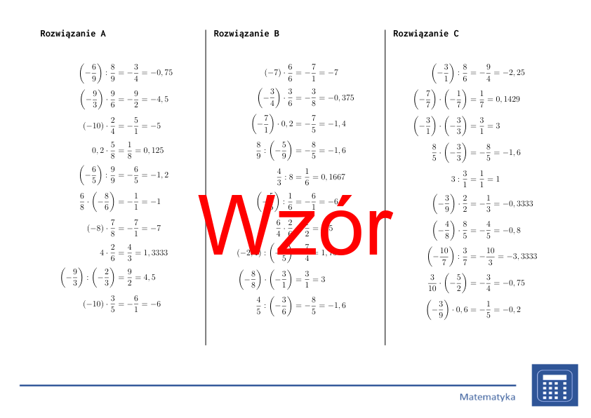 Mnożenie i dzielenie liczb wymiernych | matematyka | 26 kolumn