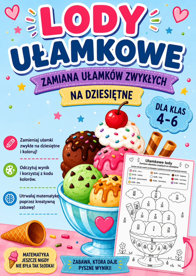 🍦 Ułamkowe lody – zamiana ułamków zwykłych na dziesiętne | Kolorowanka matematyczna | Klasy 4–6