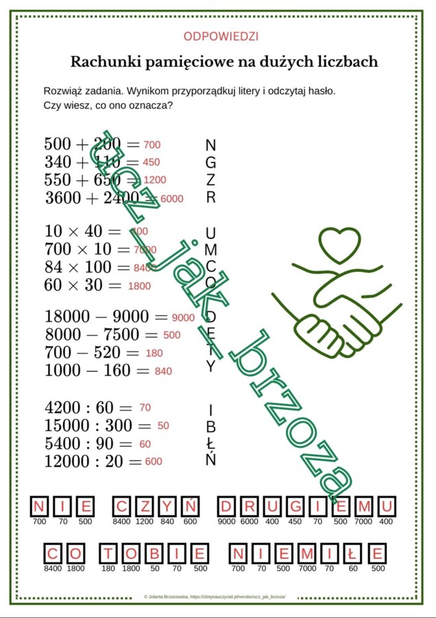 Rachunki pamięciowe na dużych liczbach, karta pracy z hasłem, klasa 4, Dzień Tolerancji