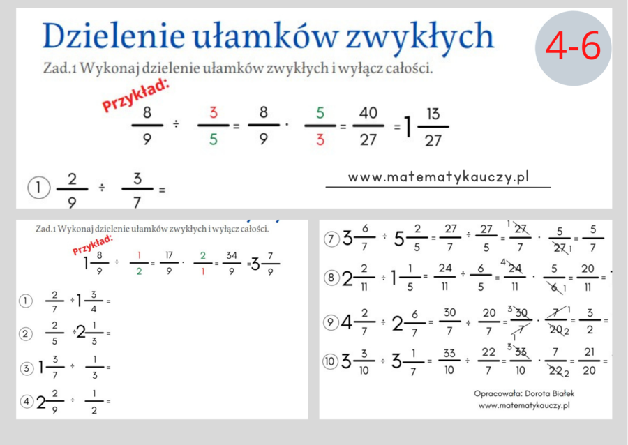 Dzielenie ułamków zwykłych / KARTY PRACY kl.4 – kl.6 PDF + ROZWIĄZANIA