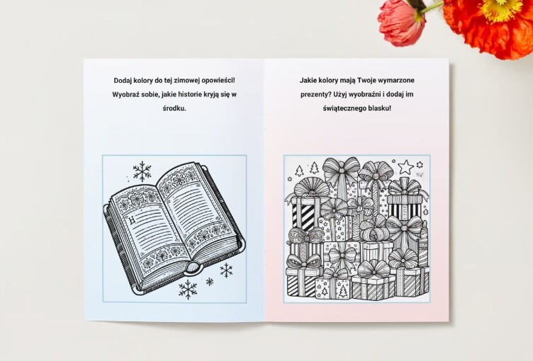 Zimowe i świąteczne kolorowanki (czapka z pomponem, rękawiczki, świeca, książka)