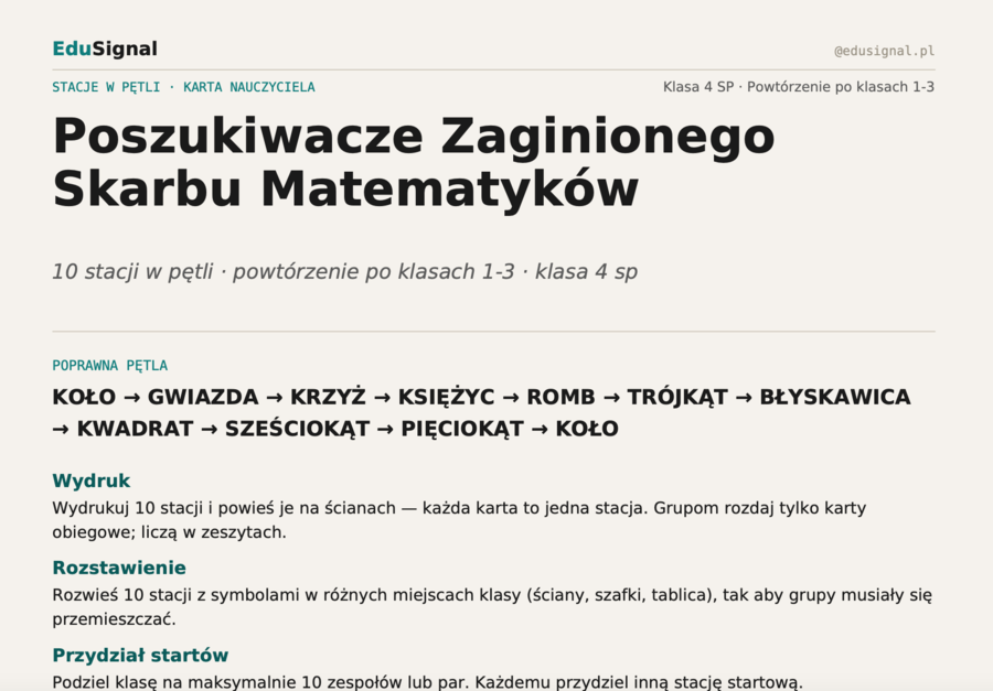 4 klasa matematyka - powtórzenie po wakacjach— stacje zadaniowe (samosprawdzająca pętla + klucz dla nauczyciela)