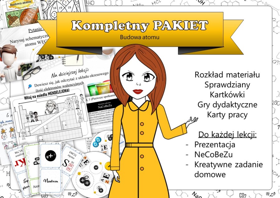 Chemia. Klasa 7. Budowa atomu. Budowa materii. Kompletny PAKIET materiałów do całego działu dla nauczyciela. Prezentacja. Karta pracy. Gra dydaktyczna. Zadanie. Sketchnotka. Powtórzenie wiadomości. Kartkówka. Sprawdzian.