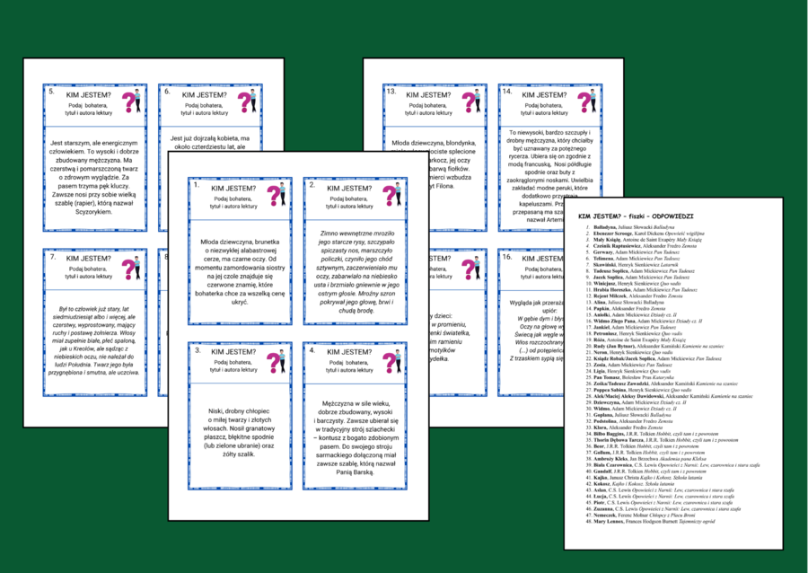 CZY POZNASZ BOHATERA PO WYGLĄDZIE? - bohaterowie lektur 4-8 – KIM JESTEM? - fiszki – 48 szt. – egzamin – powtórka + ODPOWIEDZI