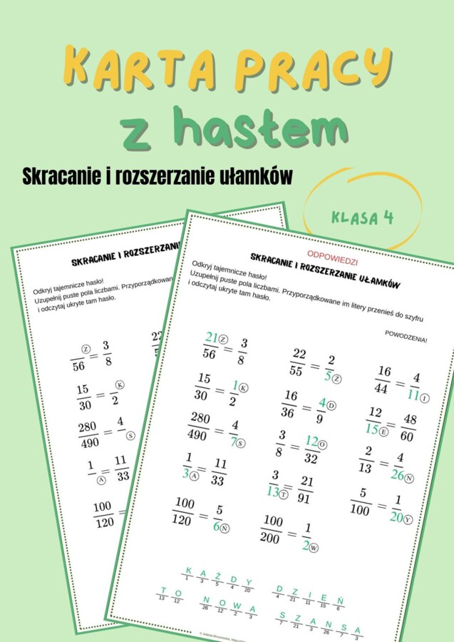 Skracanie i rozszerzanie ułamków, klasa 4, karta pracy z hasłem