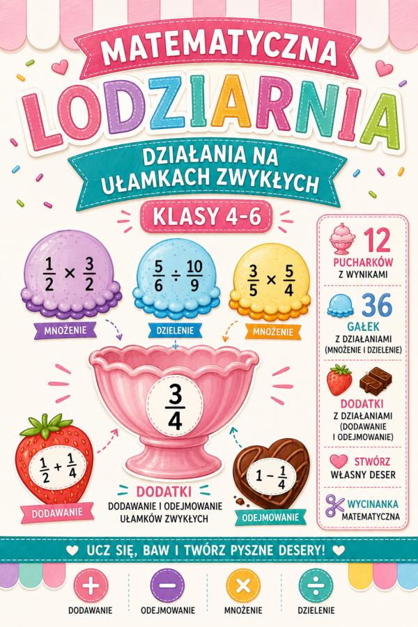 🍨 Stwórz Desery Lodowe! – działania na ułamkach zwykłych | wycinanka matematyczna klasy 4–6