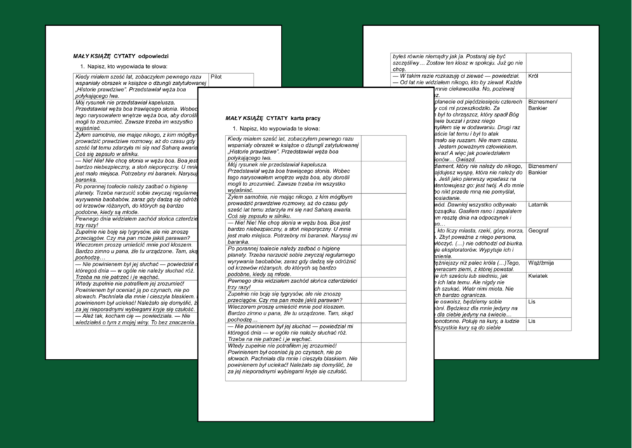 "MAŁY KSIĄŻĘ" - cytaty - powtórka - egzamin - KARTA PRACY - sprawdzian - kartkówka + odpowiedzi