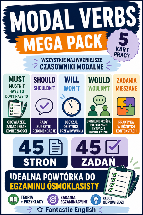 Modal Verbs – Mega Pack | 5 kart pracy | 45 stron | 45 zadań | egzamin ósmoklasisty