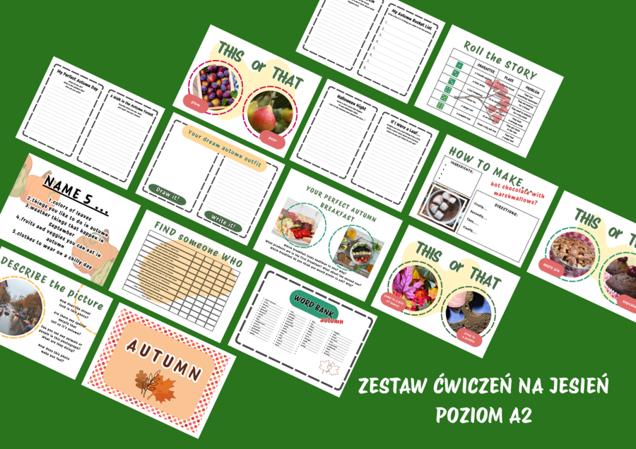 Zestaw ćwiczeń w jesiennym klimacie. Mówienie oraz pisanie na poziomie A2.