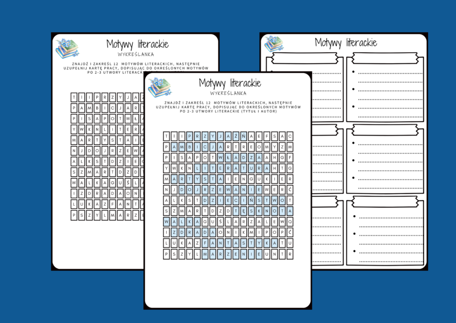 MOTYWY LITERACKIE - wykreślanka - karta pracy - powtórka - egzamin - lektury z kl.7-8 + odpowiedzi