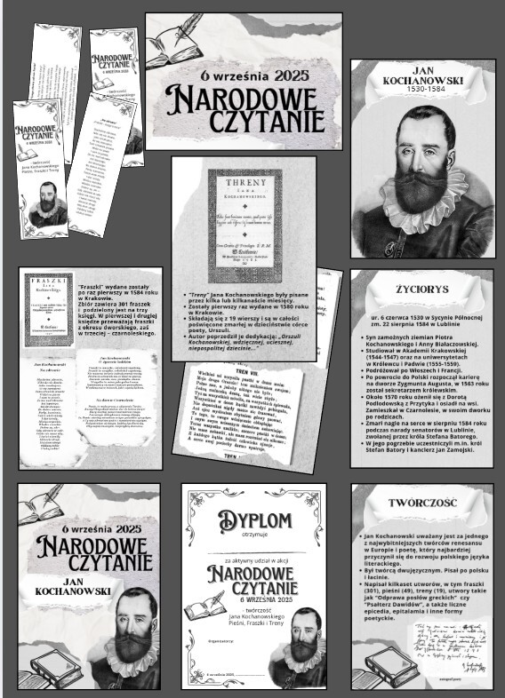 Narodowe czytanie 2025 - Jan Kochanowski - plakat, napisy, twórczość poety, dyplom, zakładki do książek