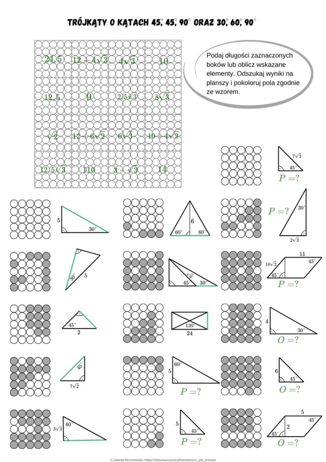 Trójkąty 45,45,90 oraz 30,60,90, karta pracy, kodowanie, edukacja domowa, klasa7 i 8