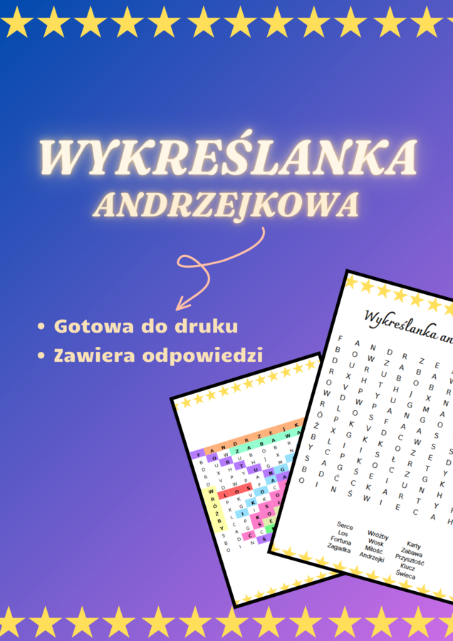 Wykreślanka – Andrzejkowa Zabawa – 13 magicznych słów do odkrycia! 🕯️✨🔮