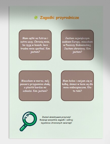 Karta pracy dla uczniów. Kolorowanka. Zagadki. EKOLOGIA