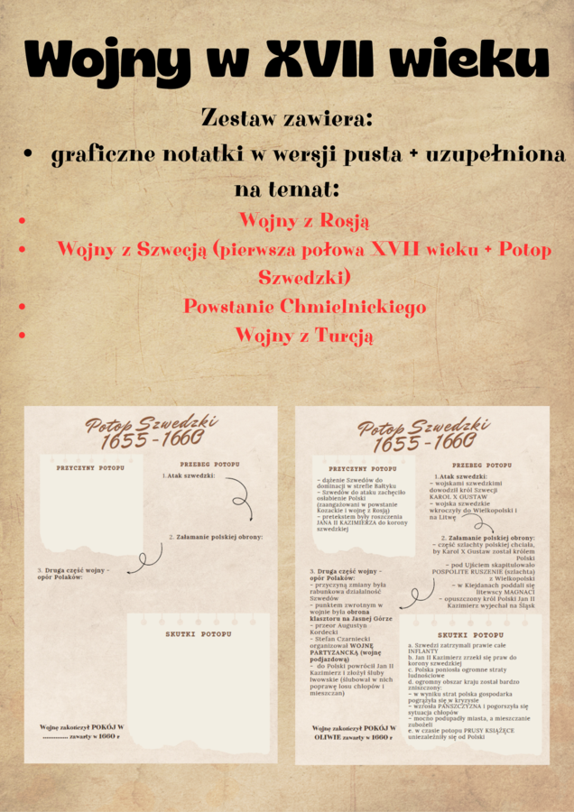 Wojny w XVII wieku - graficzne notatki (karty pracy) - uzupełnione + puste