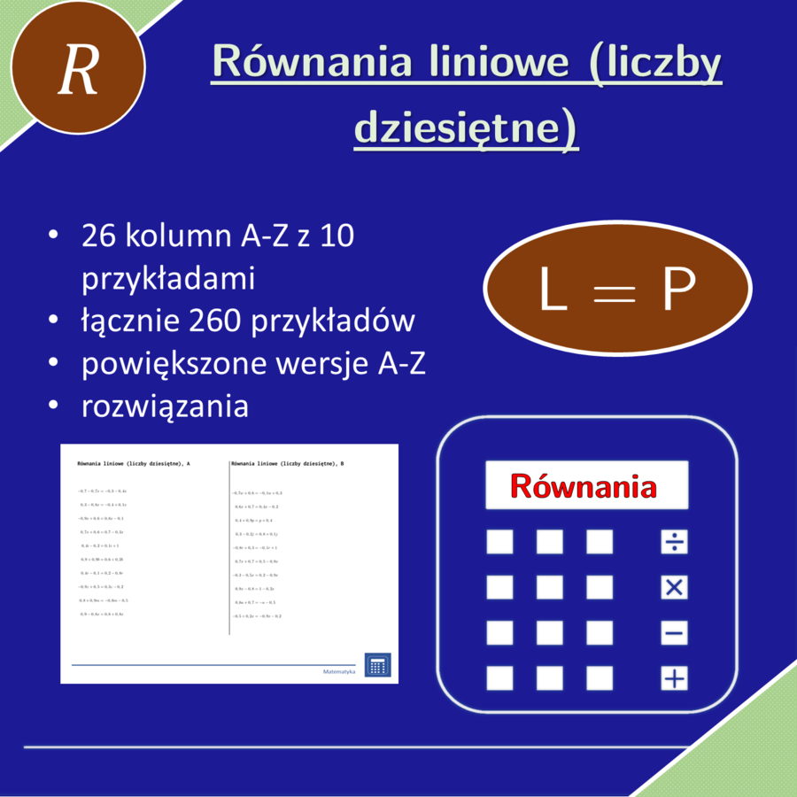 Równania liniowe (liczby dziesiętne) | matematyka, algebra | 26 kolumn